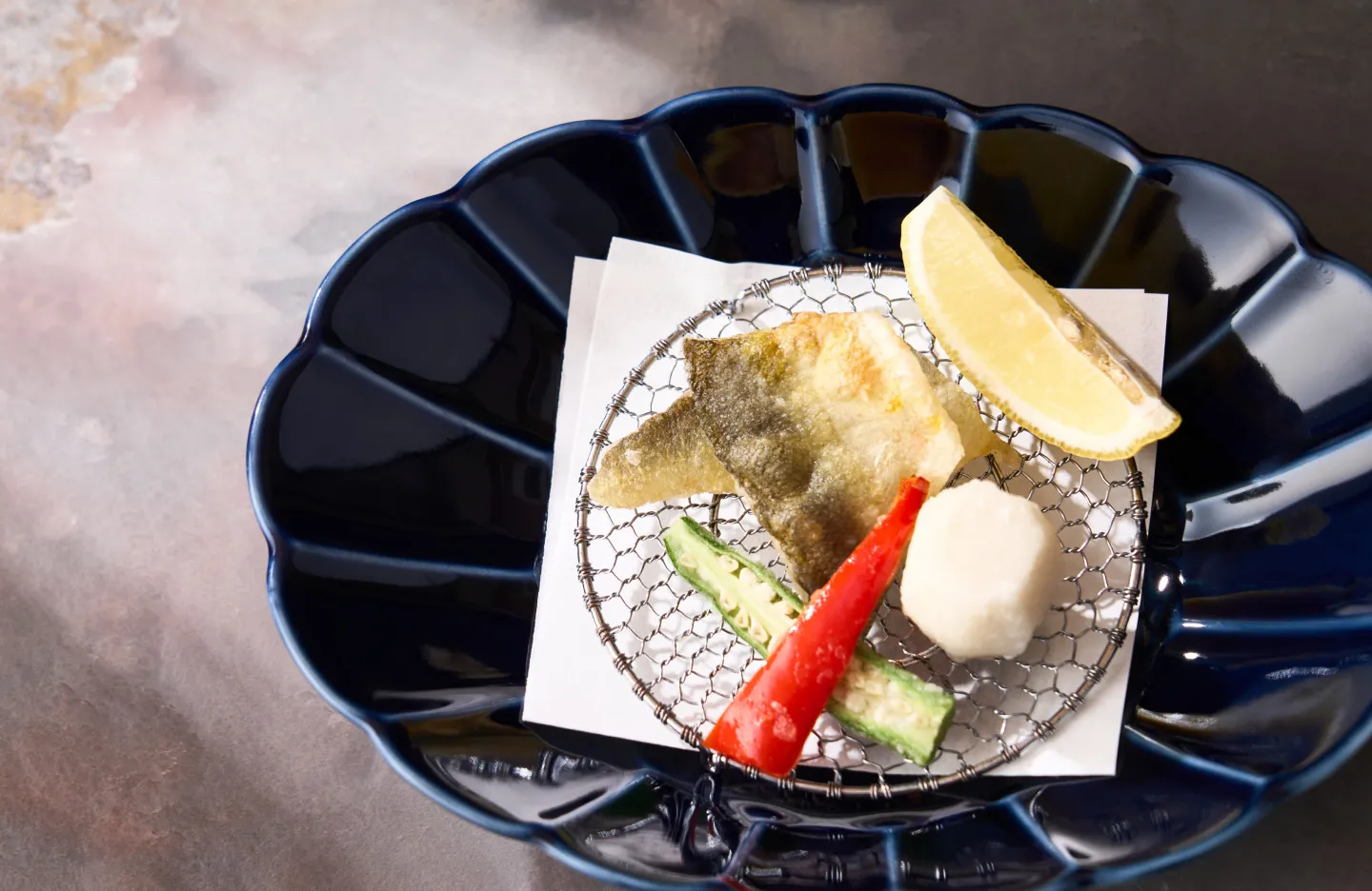 鮎唐揚げ,里芋,パプリカ,オクラ,レモン,ヒマラヤの塩,揚物,三重の旬を味わう和会席,夕食,昼食,ランチ
